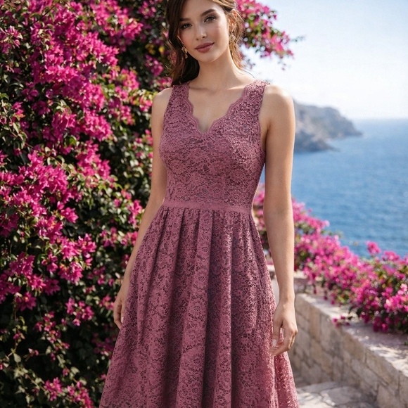 Ricki's Dresses & Skirts - Ricki’s Pink Lace Fit and Flare Midi Dress Sleeveless Romantic Party Dress